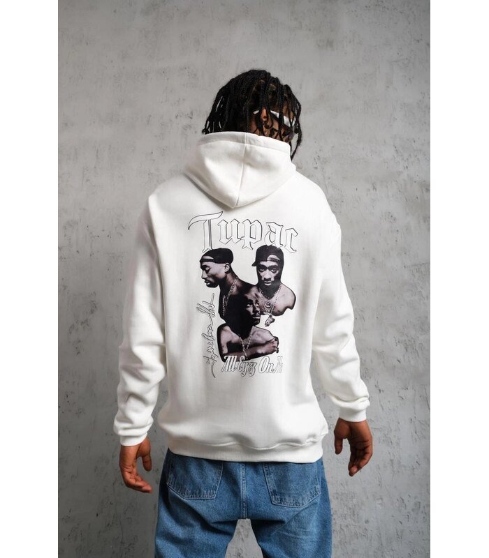 Erkek 3 İplik Pamuklu Kapüşonlu Baskılı Cepli Oversize Sweatshirt Hoodie - Beyaz