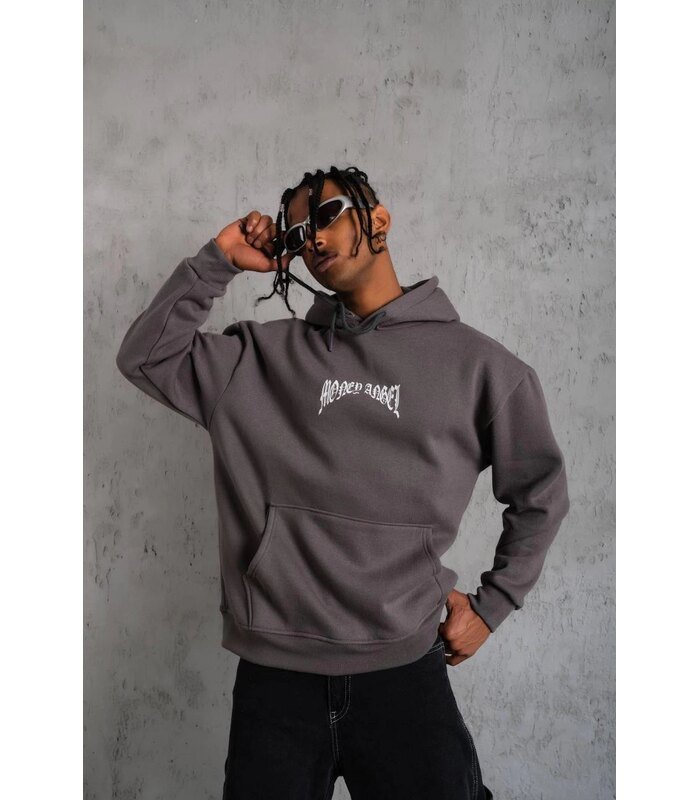 Erkek 3 İplik Pamuklu Baskılı Kapüşonlu Cepli Sweatshirt Hoodie - Füme