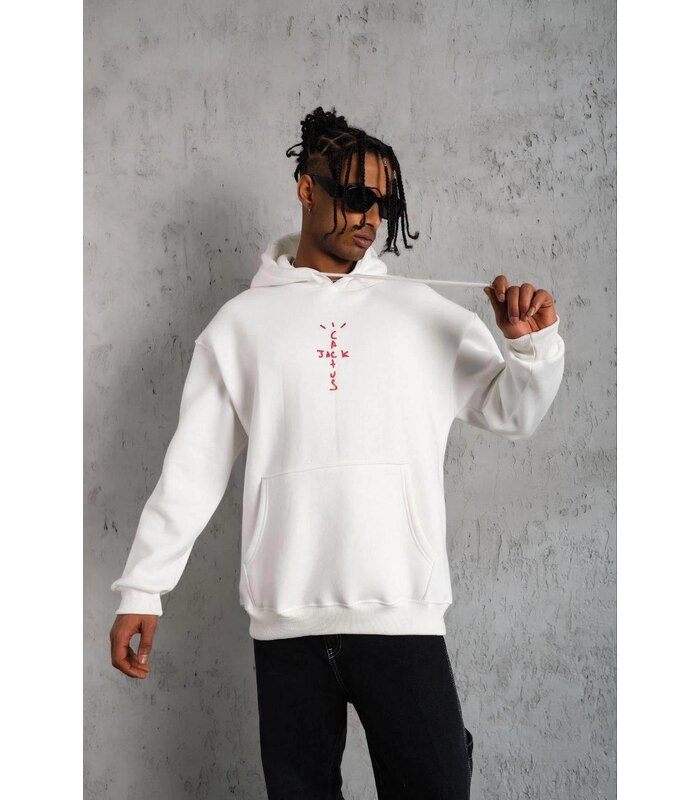 Erkek Kordonlu Arka Maske Kordon Saçlı Kapüşonlu sweatshirt hoodie - Beyaz