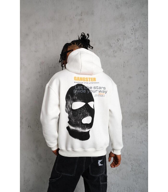 Erkek Maske Baskılı 3 iplik pamuklu Kapüşonlu Sweatshirt hoodie - Beyaz