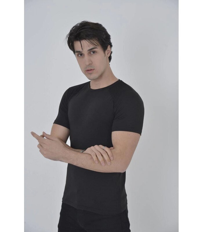 Erkek Omuz Fileli T-Shirt Kısa Kol Bisiklet Yaka Slimfit Tişört - Siyah
