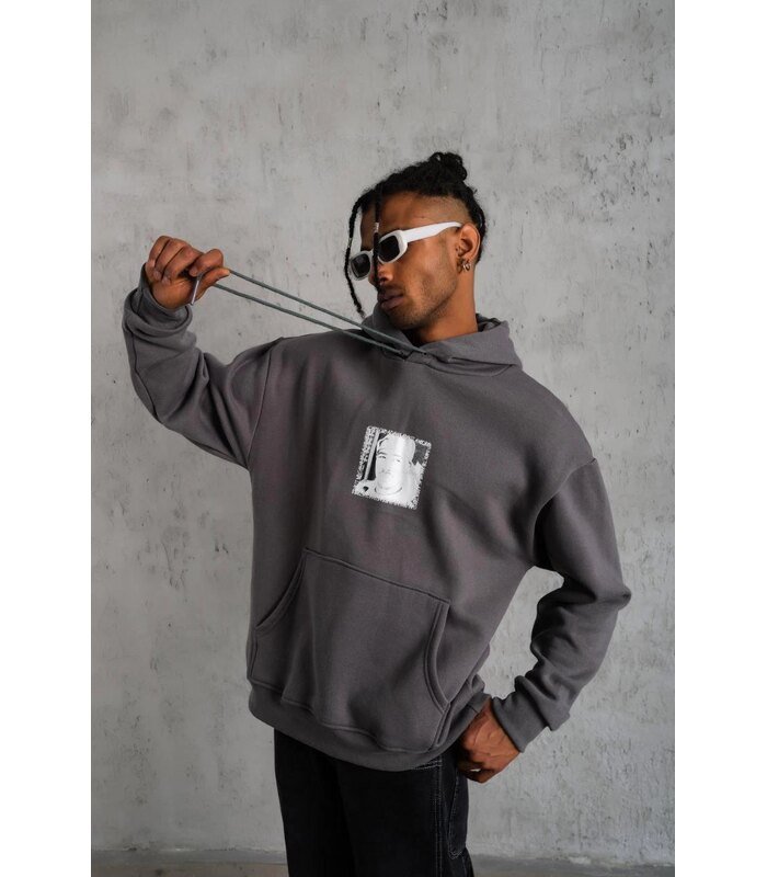 Erkek 3 İplik Pamuklu Kapüşonlu Baskılı Cepli Oversize Sweatshirt Hoodie - Gri