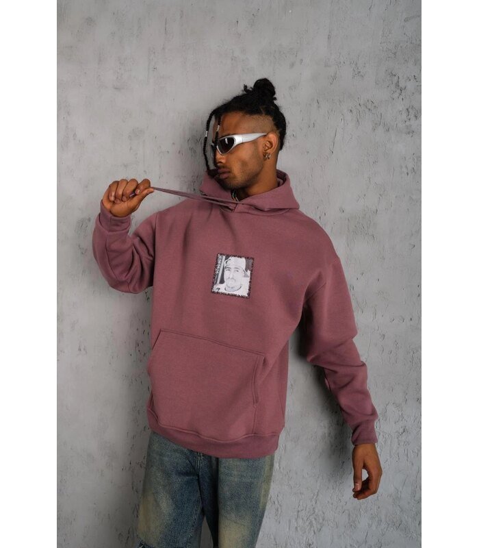 Erkek 3 İplik Pamuklu Kapüşonlu Baskılı Cepli Sweatshirt Hoodie - Gül Kurusu