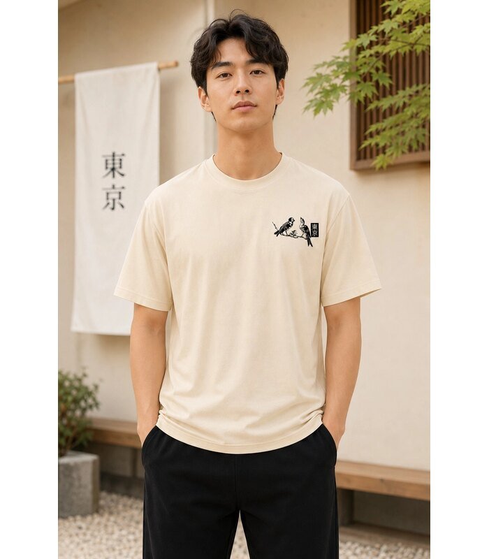 Erkek Ön ve Arka Tokyo Kuş Çiçek Baskılı Oversize T-Shirt - Ekru