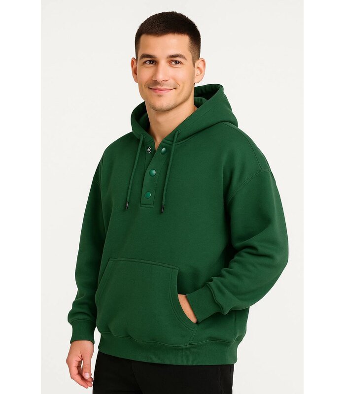 Erkek Kapüşonlu Hoodie Cepli Çıtçıtlı 3 İplik Pamuklu Sweatshirt - Haki
