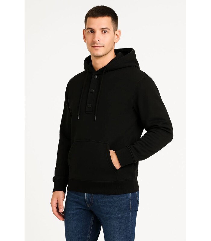 Erkek Kapüşonlu Hoodie Cepli Çıtçıtlı 3 İplik Pamuklu Sweatshirt - Siyah