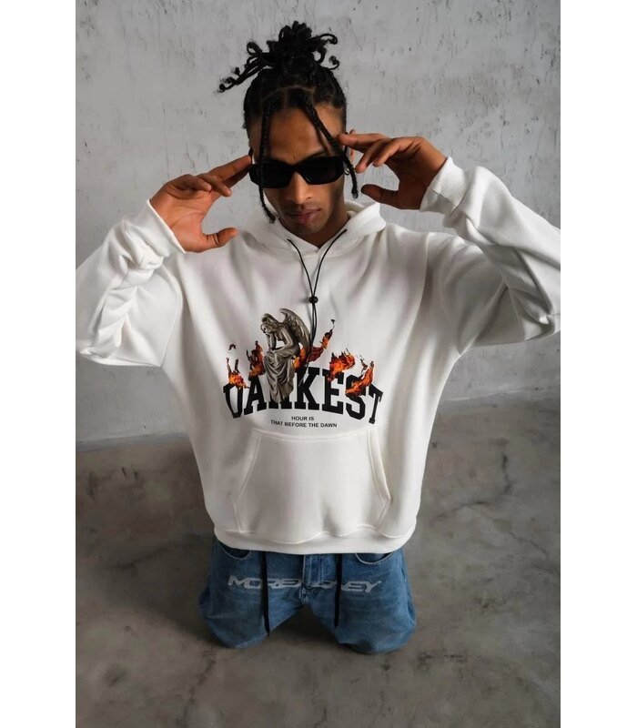 Erkek Kapüşonlu Kanguru Cepli Sweatshirt 3 İplik Pamuklu Baskılı Hoodie - Beyaz