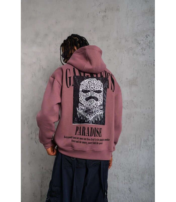 Erkek 3 İplik Pamuklu Kapüşonlu Baskılı Cepli Oversize Sweatshirt Hoodie - Gül Kurusu
