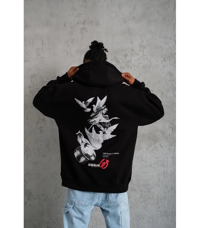 Erkek 3 İplik Pamuklu Kapüşonlu Baskılı Cepli Oversize Sweatshirt Hoodie - Siyah