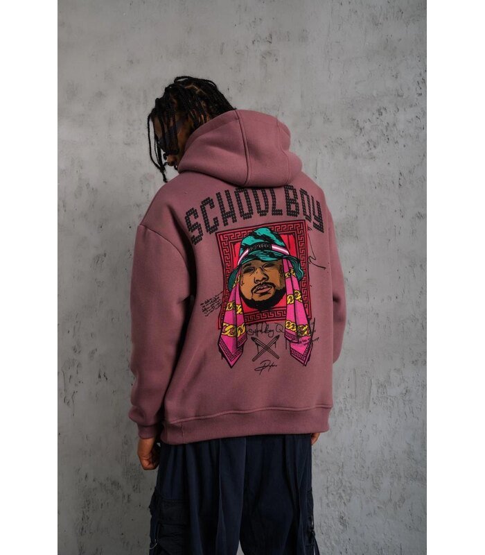 Erkek 3 İplik Pamuklu Kapüşonlu Baskılı Cepli Oversize Sweatshirt Hoodie - Gül Kurusu