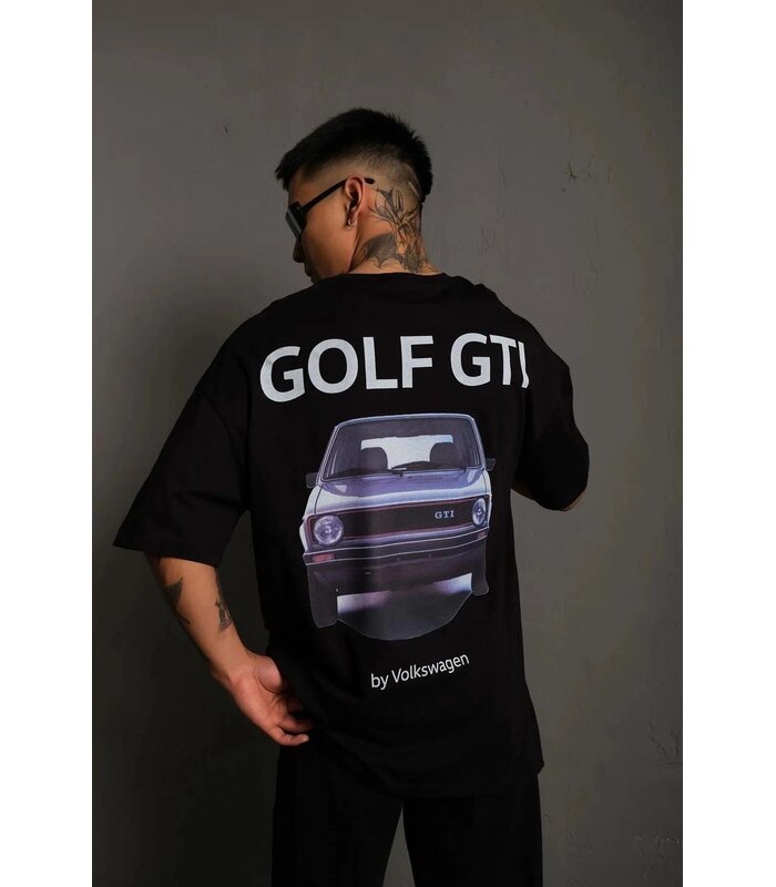 Erkek Oversize Tişört Golf GTI Retro Araba Baskılı T-shirt - Siyah