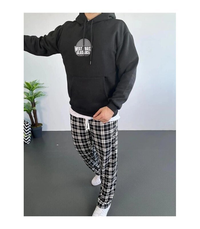 Erkek 3 İplik Pamuklu Kapüşonlu Baskılı Cepli Oversize Sweatshirt Hoodie - Siyah