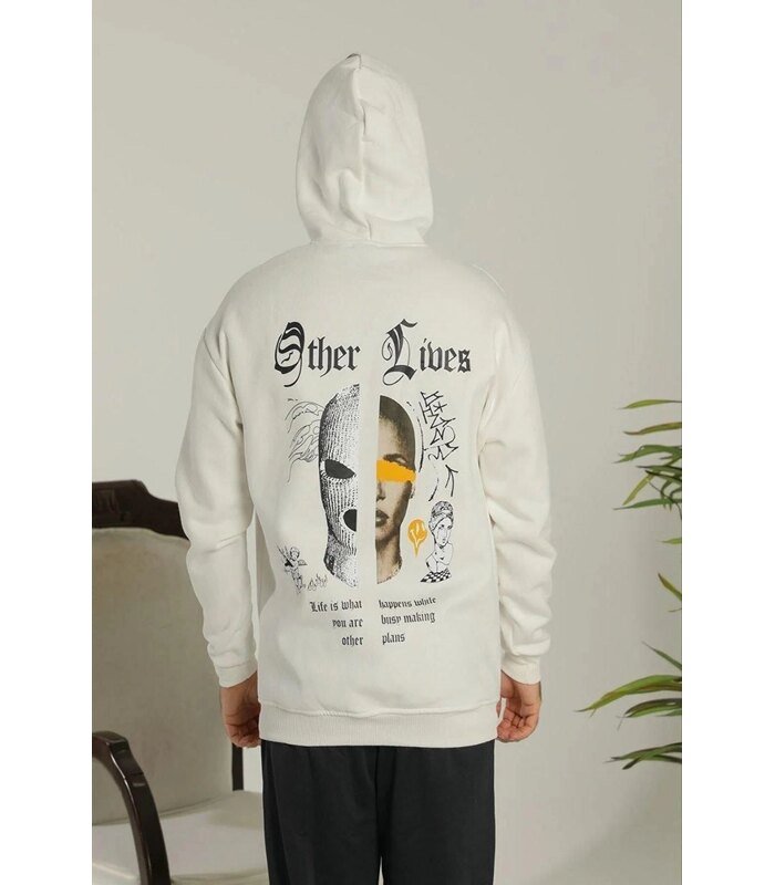 Erkek 3 İplik Pamuklu Kapüşonlu Baskılı Cepli Oversize Sweatshirt Hoodie - Beyaz