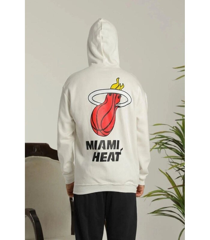 Erkek 3 İplik Pamuklu Kapüşonlu Baskılı Cepli Oversize Sweatshirt Hoodie - Beyaz