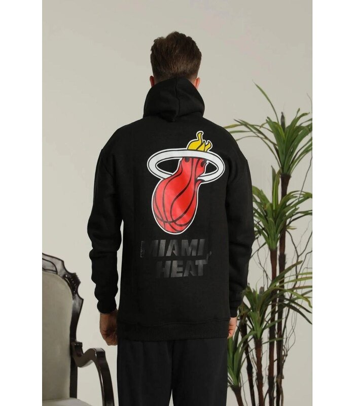 Erkek 3 İplik Pamuklu Kapüşonlu Baskılı Cepli Oversize Sweatshirt Hoodie - Siyah