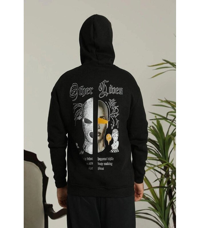 Erkek 3 İplik Pamuklu Kapüşonlu Baskılı Cepli Oversize Sweatshirt Hoodie - Siyah