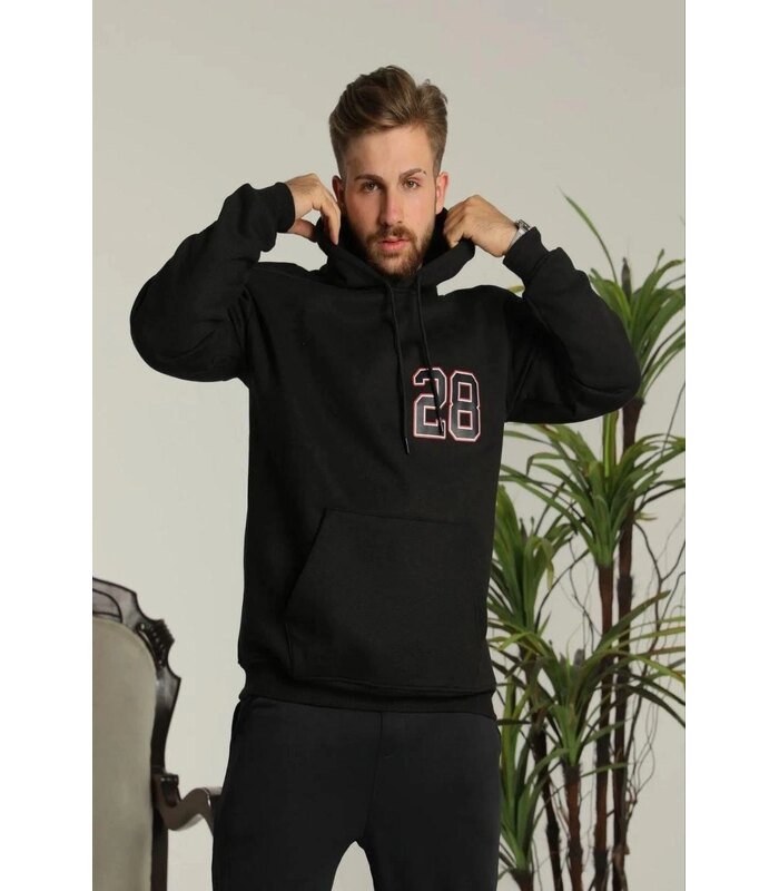 Erkek 3 İplik Pamuklu Kapüşonlu Baskılı Cepli Oversize Sweatshirt Hoodie - Siyah
