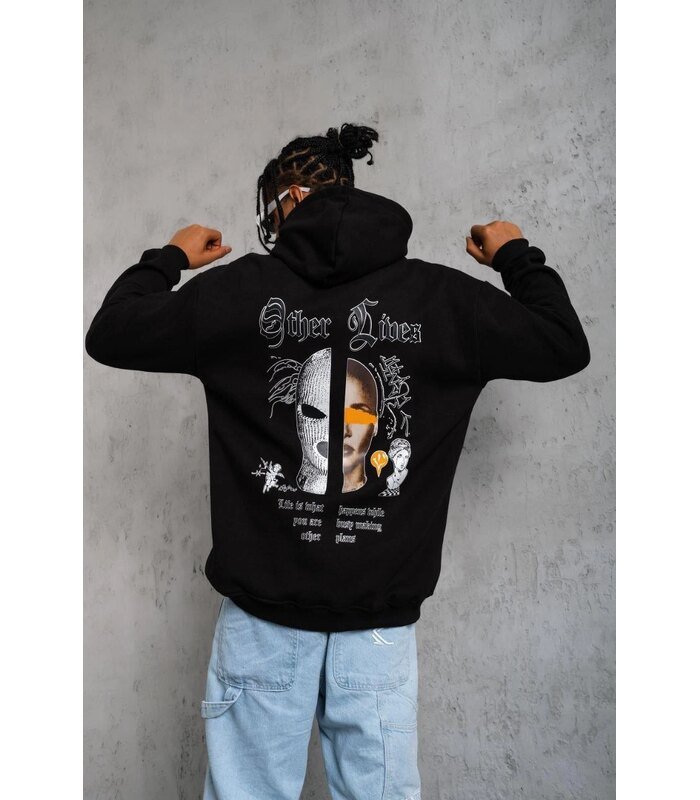 Erkek Kapüşonlu Kanguru Cepli Sweatshirt 3 İplik Pamuklu Baskılı Hoodie - Siyah