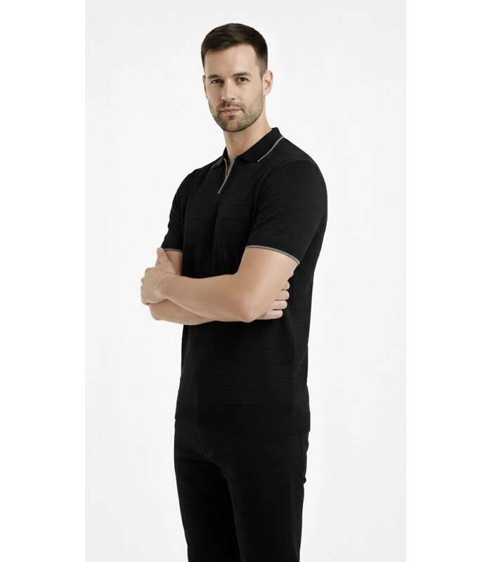 Erkek Yazlık Dokuma Triko Tişört Düğmesiz Polo Yaka Kısa Kol T-Shirt - Siyah