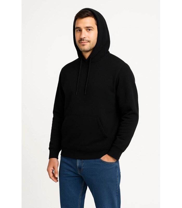 Erkek 3 İplik Pamuklu Kapüşonlu Kanguru Cepli SweatShirt hoodie - Siyah