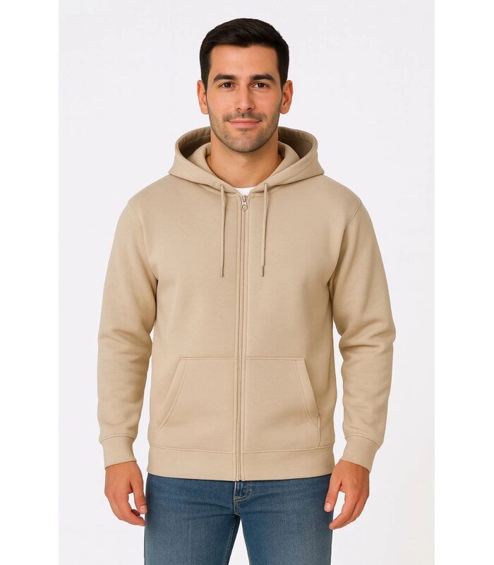 Erkek 3 İplik Pamuklu Kapüşonlu Tam Fermuarlı Cepli Hoodie Sweatshirt - Bej