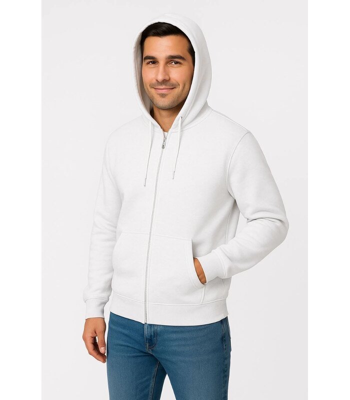 Erkek 3 İplik Pamuklu Kapüşonlu Tam Fermuarlı Cepli Hoodie Sweatshirt - Beyaz