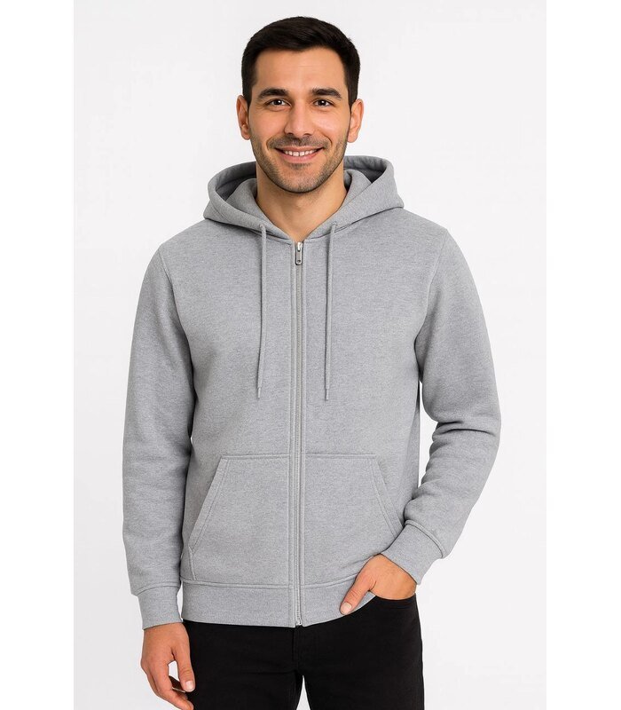 Erkek 3 İplik Pamuklu Kapüşonlu Tam Fermuarlı Cepli Hoodie Sweatshirt - Gri