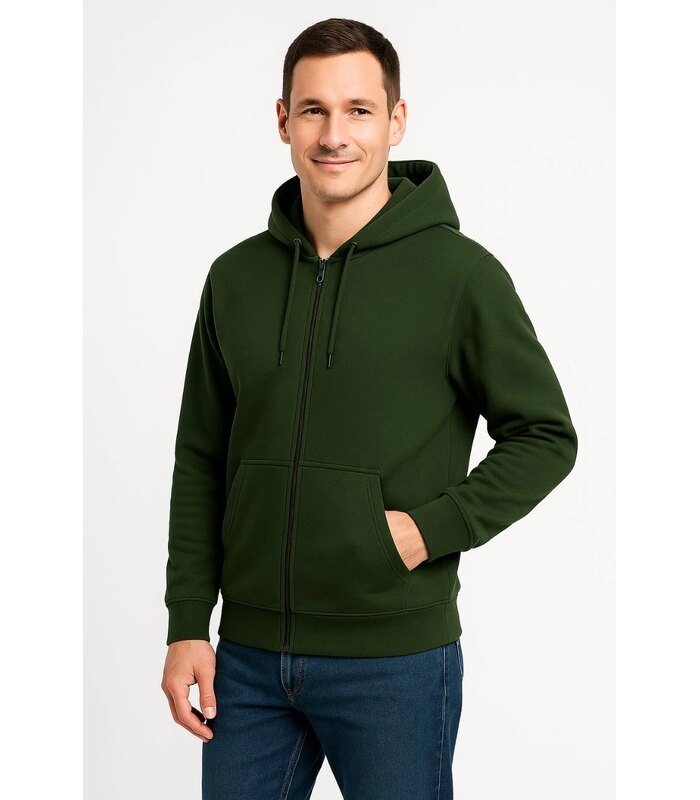 Erkek 3 İplik Pamuklu Kapüşonlu Tam Fermuarlı Cepli Hoodie Sweatshirt - Haki