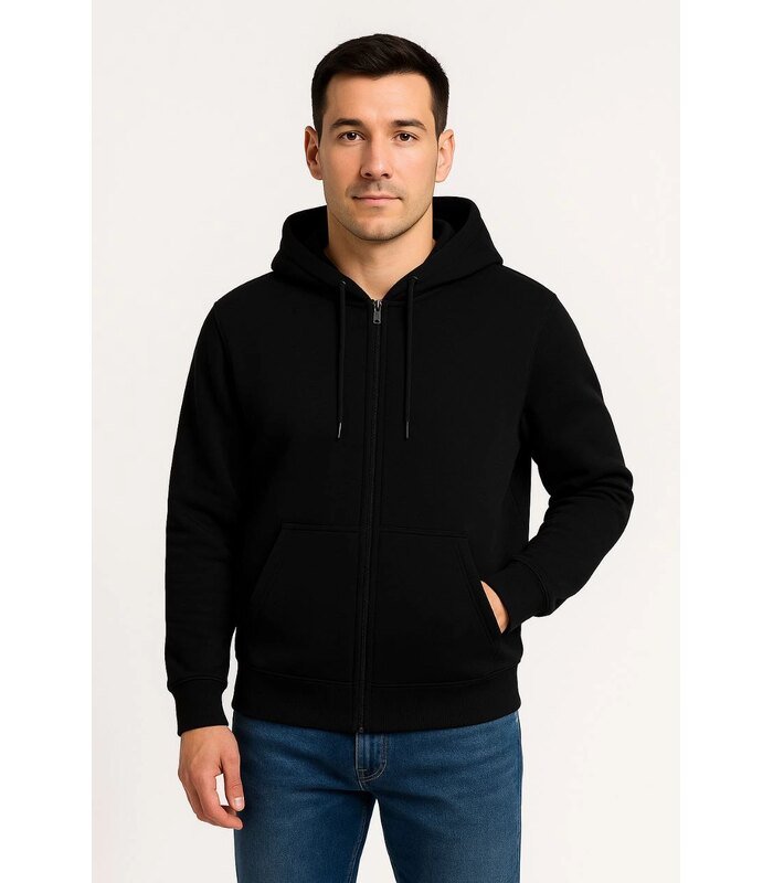 Erkek 3 İplik Pamuklu Kapüşonlu Tam Fermuarlı Cepli Hoodie Sweatshirt - Siyah