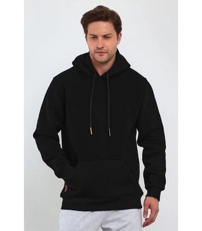 Erkek 3 İplik Pamuklu Kapüşonlu Cepli Hoodie Sweatshirt - Siyah