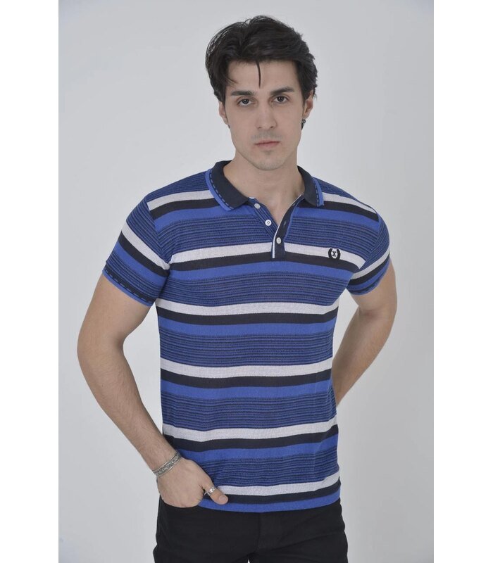 Erkek Polo Yaka tişört Slim Fit Dokuma Çizgili T-Shirt - Mavi