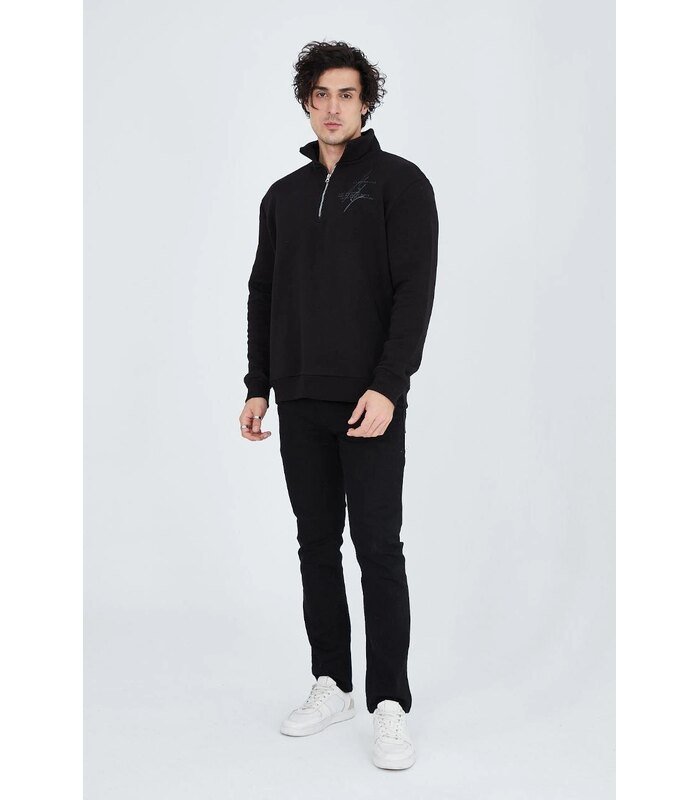 Erkek Yarım Fermuarlı Baskılı 3 iplik pamuklu sweatshirt - Siyah