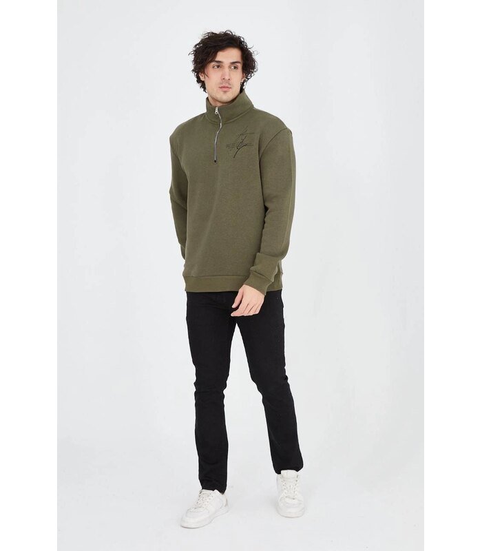 Erkek Yarım Fermuarlı Baskılı 3 iplik pamuklu sweatshirt - Yeşil
