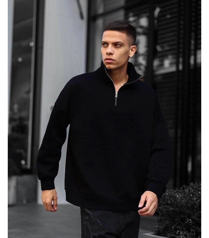 Erkek Yarım Fermuarlı Üç İplik Sweatshirt - Siyah