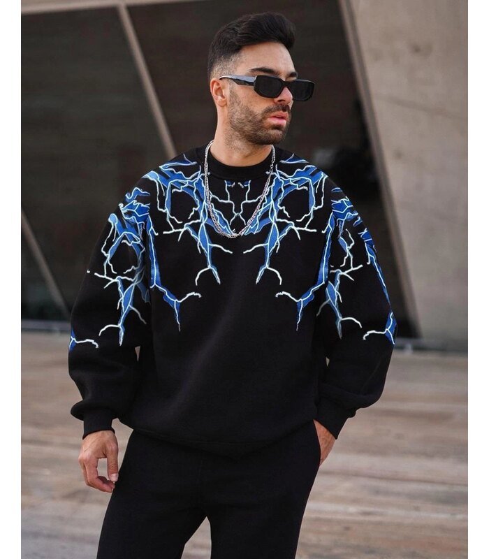 Erkek Yıldırım Baslılı Bisiklet Yaka 3 iplik pamuklu Sweatshirt - Siyah