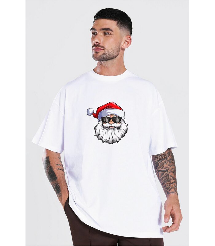 Yılbaşı Gözlüklü Noel Baba Baskılı Kısa Kollu Oversize Bisiklet Yaka T-shirt - Beyaz