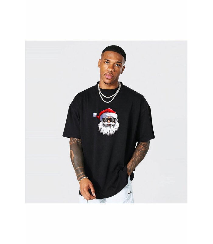 Yılbaşı Gözlüklü Noel Baba Baskılı Kısa Kollu Oversize Bisiklet Yaka T-shirt - Siyah