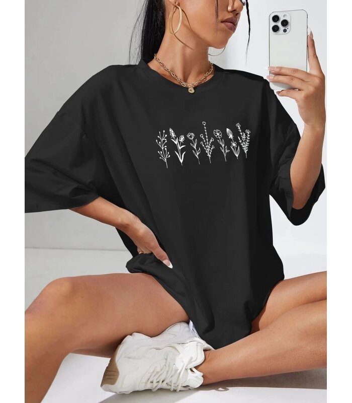 Kadın Baskılı T-Shirt Kısa Kol Bisiklet Yaka Oversize Rahat Kalıp Tişört - Siyah
