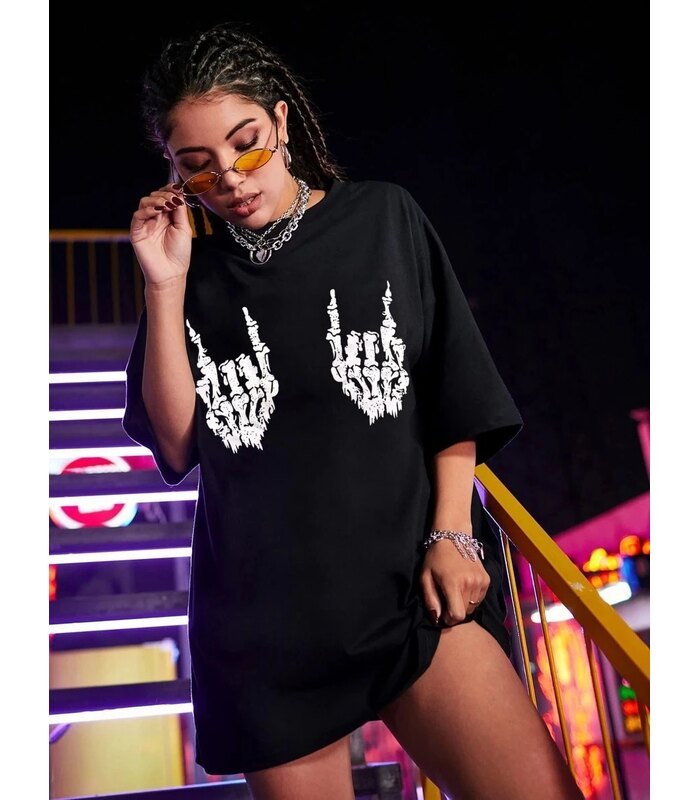 Kadın Baskılı T-Shirt Kısa Kol Bisiklet Yaka Oversize Rahat Kalıp Tişört - Siyah