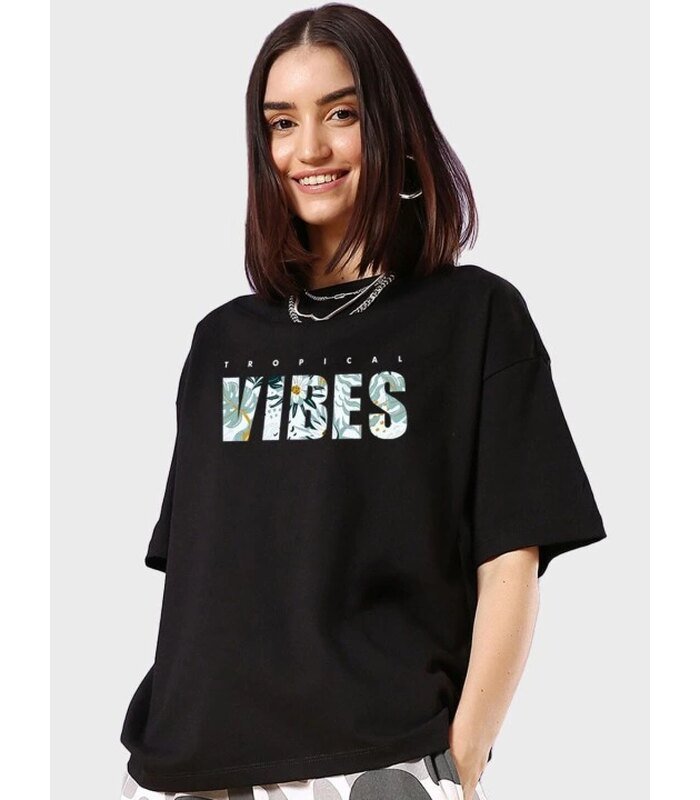 Kadın Kısa Kol Yazlık Tişört Bisiklet Yaka VIBES Baskılı T-Shirt - Siyah