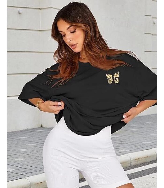 Kadın Baskılı T-Shirt Kısa Kol Bisiklet Yaka Oversize Rahat Kalıp Tişört - Siyah