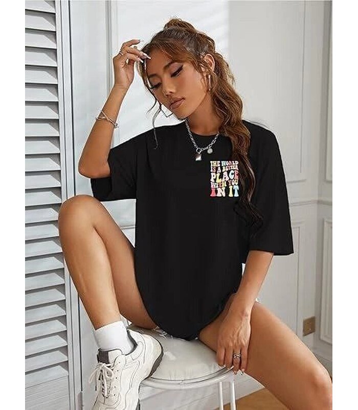 Kadın Baskılı T-Shirt Kısa Kol Bisiklet Yaka Oversize Rahat Kalıp Tişört - Siyah