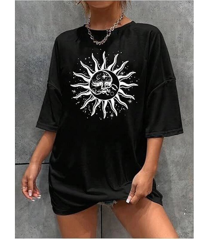 Kadın Baskılı T-Shirt Kısa Kol Bisiklet Yaka Regular Fit Rahat Kalıp Tişört - Siyah