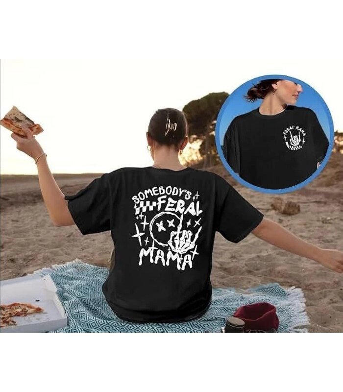 Kadın Baskılı T-Shirt Kısa Kol Bisiklet Yaka Oversize Rahat Kalıp Tişört - Siyah
