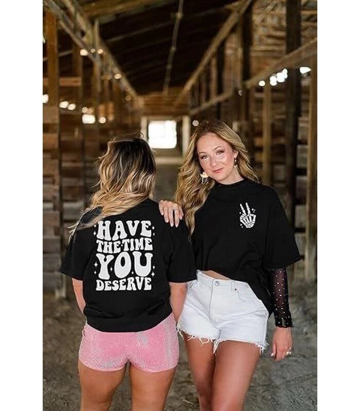 Kadın Baskılı T-Shirt Kısa Kol Bisiklet Yaka Oversize Rahat Kalıp Tişört - Siyah