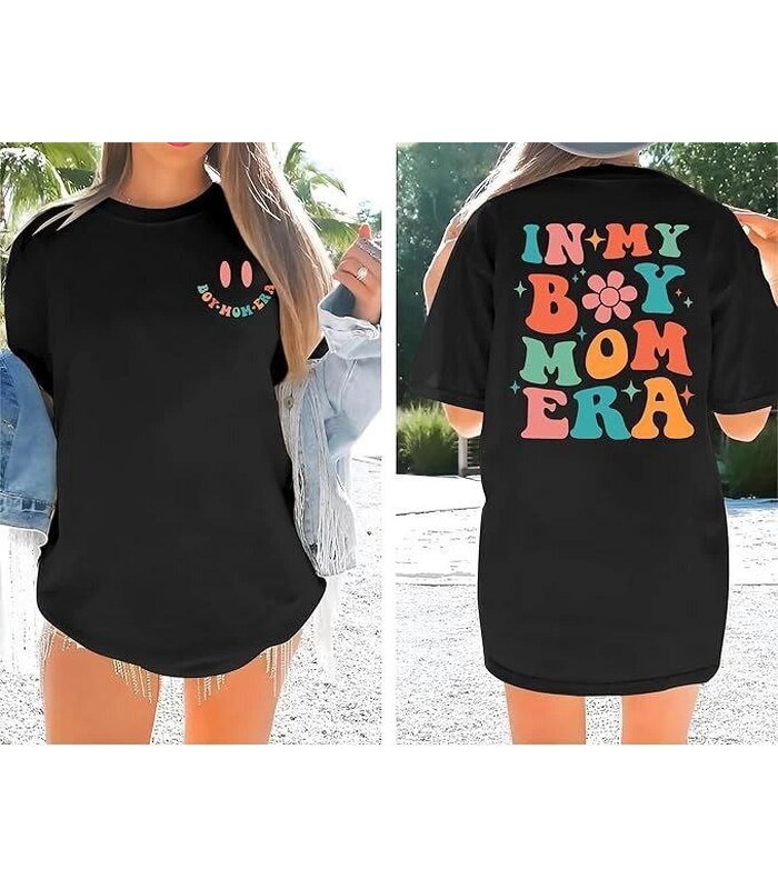 Kadın Baskılı T-Shirt Kısa Kol Bisiklet Yaka Oversize Rahat Kalıp Tişört - Siyah