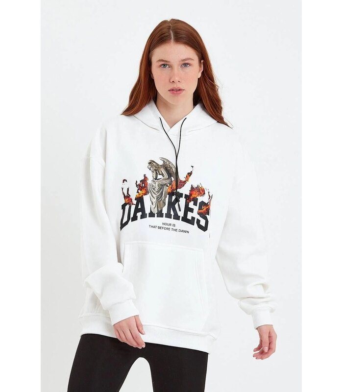 Kadın Oversize Kapüşonlu Cepli Baskılı 3 İplik Pamuklu Hoodie Sweatshirt - Beyaz