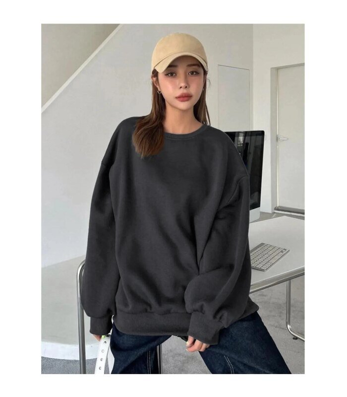 Kadın Düz Bisiklet Yaka 3 iplik Sweatshirt - Siyah