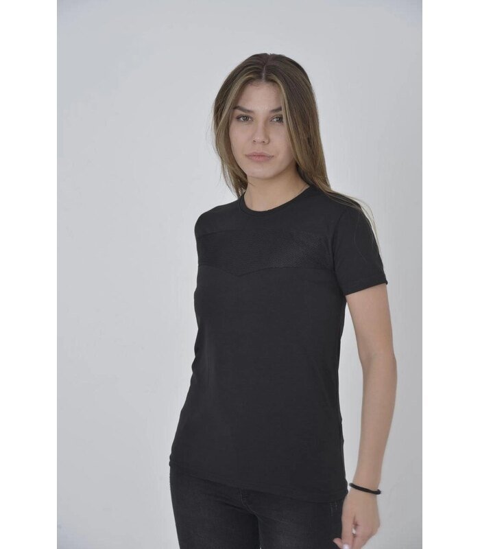 Kadın Gögüs Fileli T-Shirt Kısa Kol Bisiklet Yaka Slimfit Tişört - Siyah