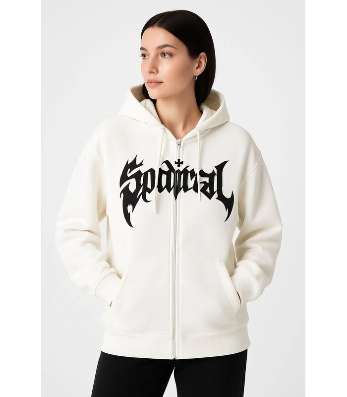 Kadın Kapüşonlu 3 İplik Pamuklu Önü Baskılı Fermuarlı Oversize Hoodie Sweatshirt - Beyaz